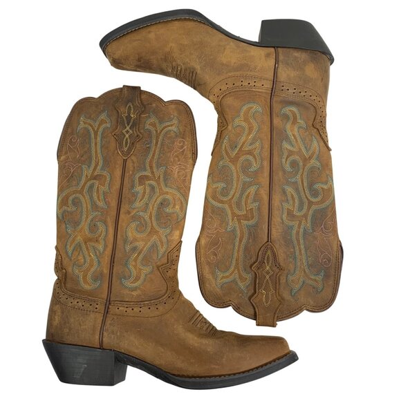 Justin Boots 12” Stampede Square Toe Boot Brown Leather Womens 10B L2552 - Picture 3 of 9